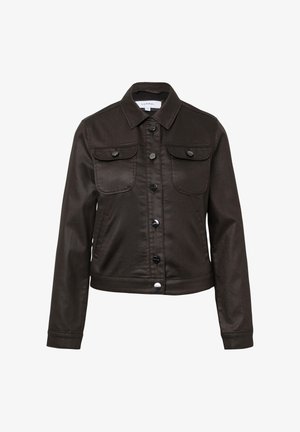 Schwarze Denimjacke mit goldfarbener Knopfverschlüsse, zwei Brusttaschen und langen Ärmeln. Hat einen klassischen Kragen und eine taillierte Passform.