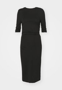 Czarna sukienka midi z krótkimi, marszczonymi rękawami, okrągłym dekoltem, dopasowanym krojem i gładkim, elastycznym materiałem.