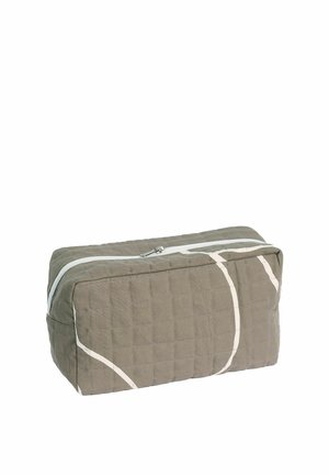 Ristkülikukujuline tikitud kangast kaas halli värvi valgete abstraktsete joontega, peal valge tõmblukuga.