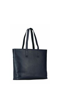 Sac cabas en cuir bleu marine à texture lisse, avec deux longues anses et une forme rectangulaire ; présente un branding minimaliste sur le devant.