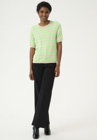 Striped short-sleeve sweater in light green and beige, featuring a round neckline. Paired with black wide-leg pants and ankle boots.