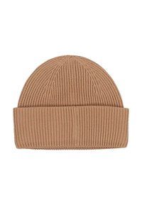 Light brown ribbed knit beanie hat with a folded cuff, shown flat on a white background.
