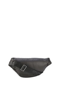 Černá prošívaná ledvinka s texturovaným povrchem, nastavitelným popruhem a hladkou kovovou přezkou. Na popruhu je potisk slova "BOOK".