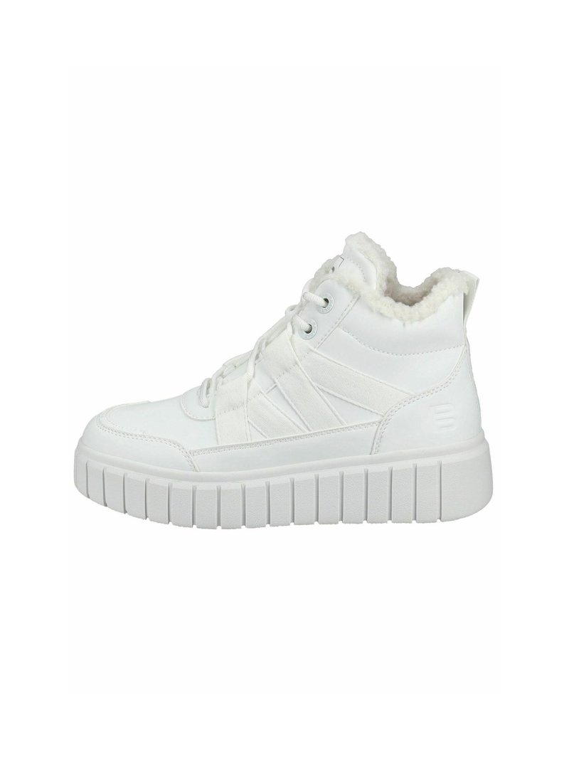 Zapatillas altas blancas con parte superior sintética texturizada, cuello forrado de suave piel sintética y suela de goma gruesa y estriada. Presenta un diseño con cordones y sutiles rayas.