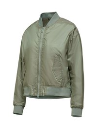 Bomber jacket verde oliva chiaro in nylon lucido, con tasche frontali, polsini e orlo a coste, e chiusura con zip a tutta lunghezza.
