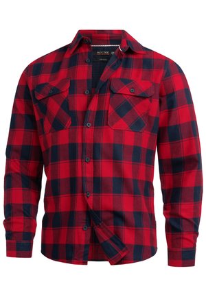 Rød og mørkeblå flannel skjorte med ternet mønster, med to brystlommer og en knappet krave. Fremstillet af blødt stof.