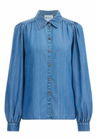 Light blue denim shirt with a structured collar, long puff sleeves, and brown buttons down the front, featuring fitted cuffs and a smooth texture.