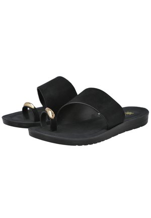 Sandalias negras con punta abierta, con tiras anchas a lo largo del pie y lazos separados para los dedos con pequeñas decoraciones ovaladas doradas.