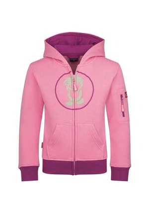 Pink zip-up hoodie with purple cuffs and inner hood, front pockets, a small sleeve pocket with zipper, and a light green circular design on the chest.