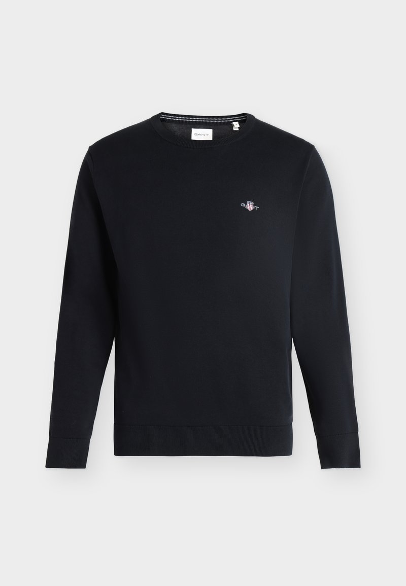 Black long-sleeve crewneck sweatshirt with small embroidered GANT logo on the left chest and ribbed cuffs and hem.