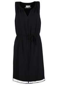 Robe sans manches noire avec un décolleté en V, des détails froncés aux épaules, une taille à cordon et un ourlet blanc contrastant. Tissu léger.