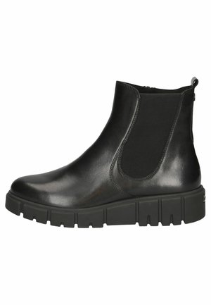 Black leather ankle boot with elastic side panels, rounded toe, and a chunky, textured rubber sole. Features a pull tab on the back.