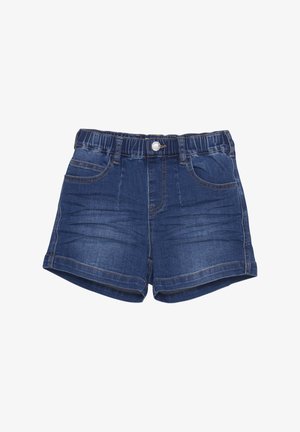 Denimblå shorts med elastisk talje, frontknap, to forlommer og synlige syningsdetaljer.