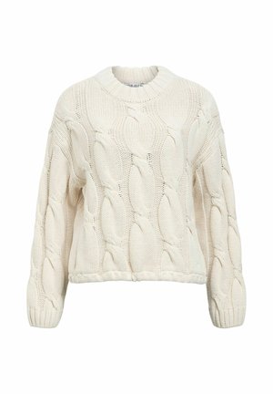 Cremefarbener, gestrickter Pullover mit übergroßem Zopfmuster, langen Ärmeln, gerippten Bündchen und rundem Ausschnitt.