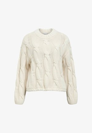 Krem bezbojni pleteni pulover s oversized uzorkom pletene cijevi, dugim rukavima, rebrastim manžetama i okruglim izrezom.