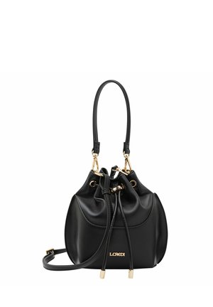 Black leather bucket bag with gold hardware, drawstring closure, and a single handle. Features a logo accent on the front.