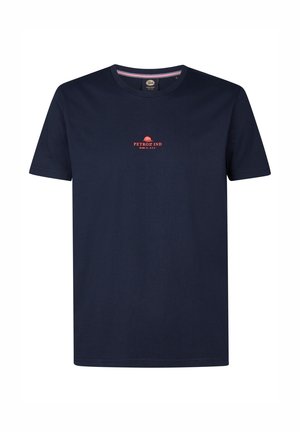 Marineblaue Baumwoll-T-Shirt mit rundem Ausschnitt, mit einem roten Logo-Aufdruck, der Text und eine Sonne-Grafik auf der Brust enthält. Kurze Ärmel.