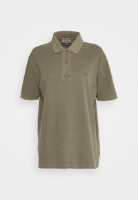 Olive green short-sleeve polo shirt with two buttons, a collar, and small embroidered crocodile logo on the left chest.