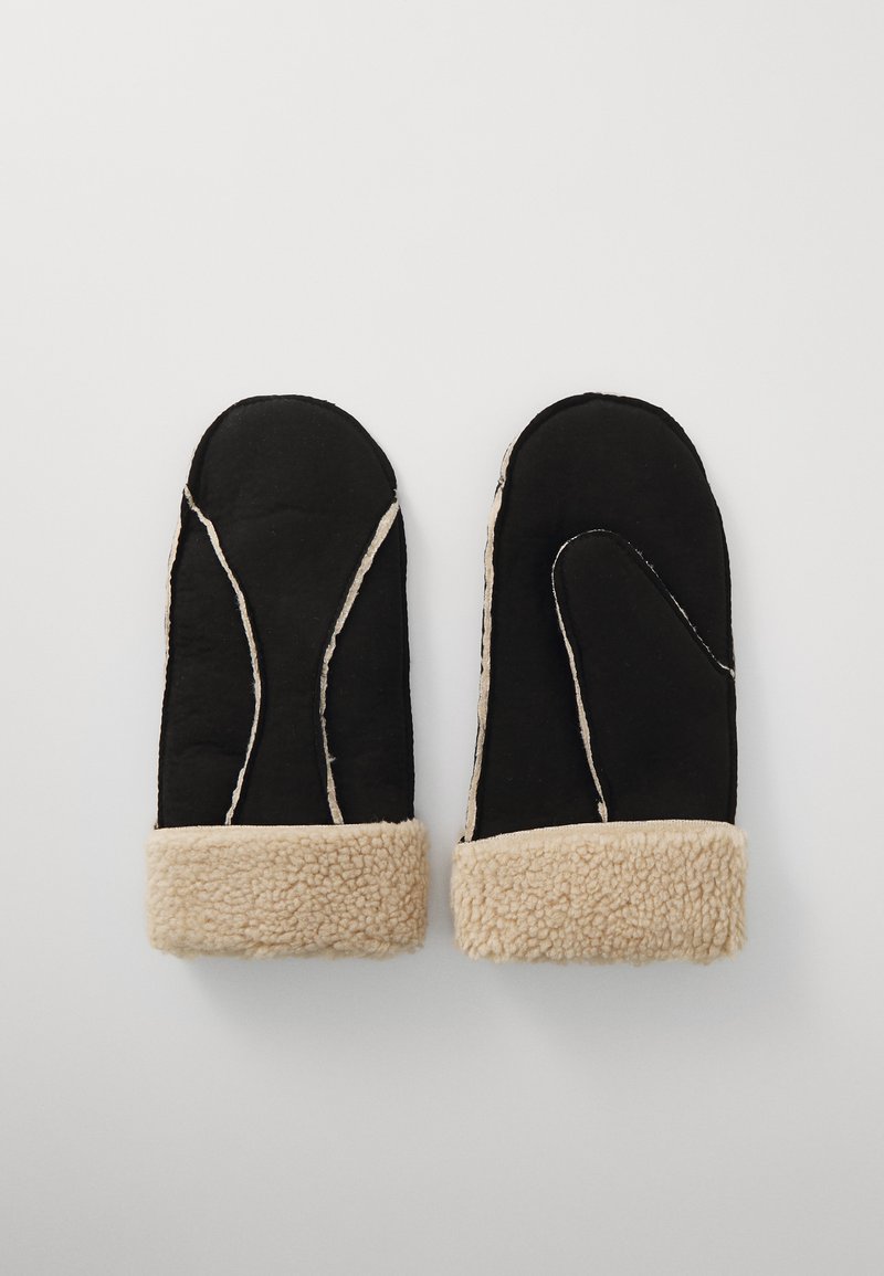 Black mittens with a beige faux shearling cuff, featuring contrasting stitching. Smooth exterior with a soft, textured interior.
