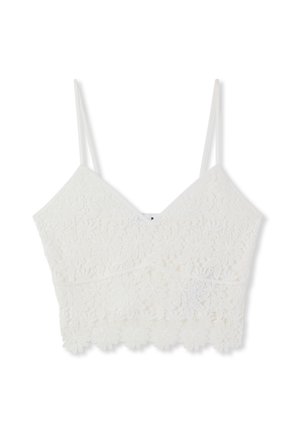 Top corto in pizzo floreale bianco con sottili spalline regolabili e orlo smerlato.