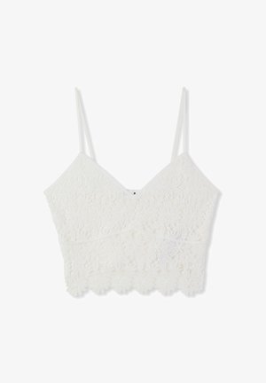 Top corto in pizzo floreale bianco con sottili spalline regolabili e orlo smerlato.