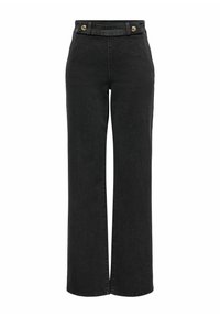 Črne široke jeans hlače iz denima, ki imajo visok pas, dva sprednja žepa in zlate gumbe na pasu. Gladka tekstura, minimalno šivanje.