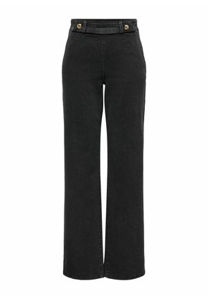 Zwarte wijde jeans gemaakt van denim, met een hoge taille, twee achterzakken en gouden knopen bij de tailleband. Gladde textuur, minimale stiksels.