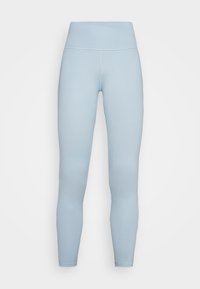 Jasnoniebieskie legginsy z wysokim stanem, wykonane z gładkiego, elastycznego materiału. Charakteryzują się bezszwową konstrukcją i dopasowanym krojem.