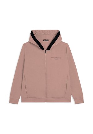 Felpa con zip di colore marrone chiaro, con fodera nera nella cappuccio e scritta "Oggi è il tuo giorno Freddy" sul petto.