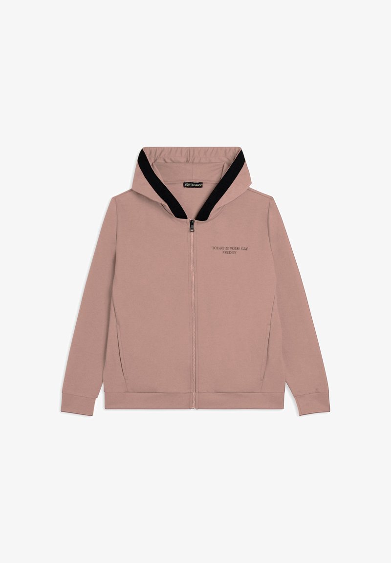 Felpa con zip di colore marrone chiaro, con fodera nera nella cappuccio e scritta "Oggi è il tuo giorno Freddy" sul petto.