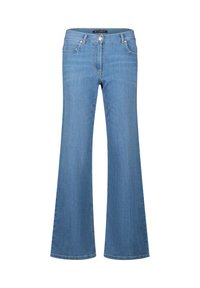 Jean évasé bleu clair en denim, avec un design à cinq poches, une braguette à fermeture éclair et des éléments métalliques argentés à la taille.