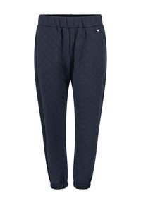 Marineblauwe gestikte joggers met een elastische tailleband en boorden, voorzien van subtiele plooien en een klein hartjeslogoaccent aan de zijkant.