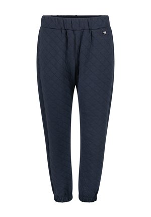 Marineblauwe gestikte joggers met een elastische tailleband en boorden, voorzien van subtiele plooien en een klein hartjeslogoaccent aan de zijkant.