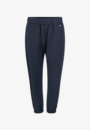 Marineblauwe gestikte joggers met een elastische tailleband en boorden, voorzien van subtiele plooien en een klein hartjeslogoaccent aan de zijkant.