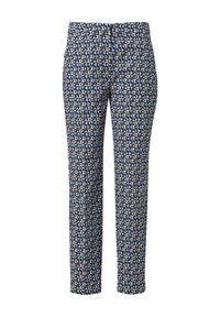 Patronenbroek in marineblauw, beige en wit; lichtgewicht stof; rechte pasvorm; heeft geometrische ontwerpen met een gladde textuur.