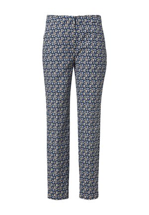 Patterned trousers in navy, beige, and white; lightweight fabric; straight cut; features geometric designs with a smooth texture.