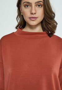 Terracotta sweater med høj krave, blød tekstur og løs pasform. Stoffet er let og glat, hvilket giver en afslappet silhuet.