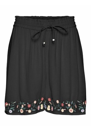 Zwarte shorts met een elastische tailleband, verstelbaar trekkoord en zilveren hardware. Voorzien van kleurrijke bloemenborduursel langs de zoom.