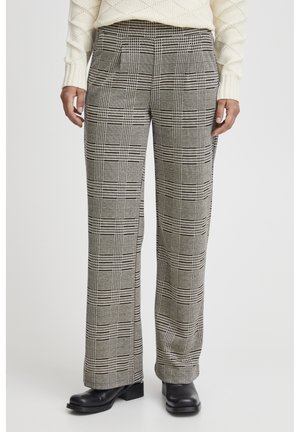 Pantalons à carreaux en gris et noir avec une coupe droite, présentant un design ajusté, des poches latérales et un tissu texturé.