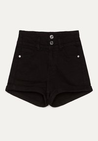 Svarta denimshorts med hög midja, dubbelknappsstängning, uppvikta fållar och fickor fram. Tyget har en slät, matt yta.