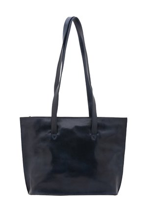 Schwarze Leder-Shopper-Tasche mit zwei langen Schulterriemen und einer glatten, glänzenden Oberfläche.