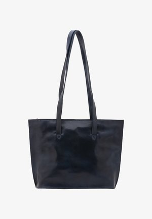 Sac cabas en cuir noir avec deux longues anses d'épaule et une finition lisse et brillante.