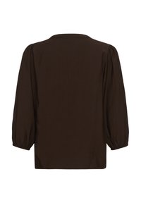 Blouse marron à manches longues avec manches bouffantes froncées et poignets élastiques, vue de dos sur fond blanc.