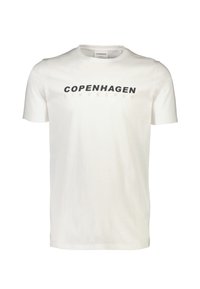 Valkoinen puuvillapaita, jossa on pyöreä kaula-aukko ja lyhyet hihat, etuosassa mustalla tekstillä "COPENHAGEN LINDBERGH".
