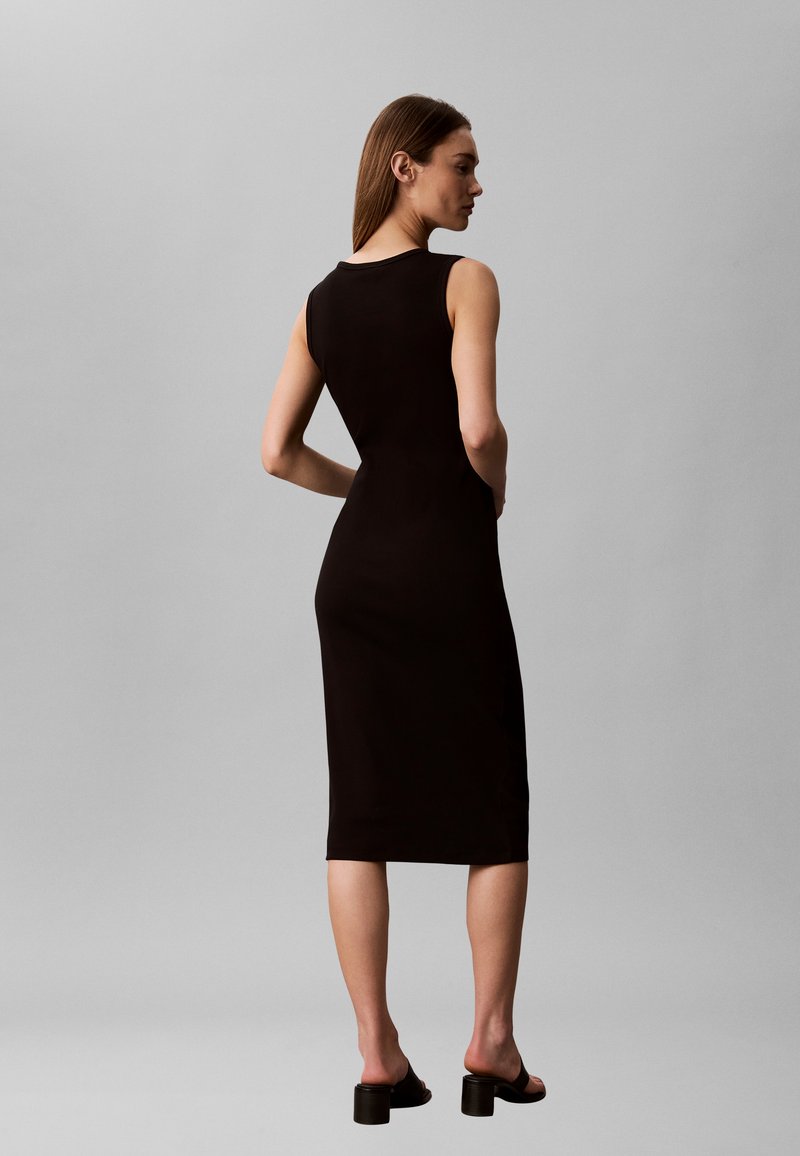 black dress calvin klein Calvin Klein Lace-Up V-Neck Zipper Sleeve Dress Black Gold Detailing S
