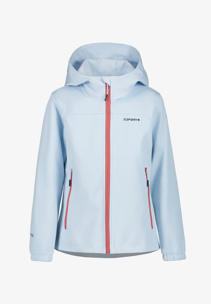 Light blue hooded jacket with pink front and pocket zippers, elastic cuffs, and a small logo on the chest and sleeve.