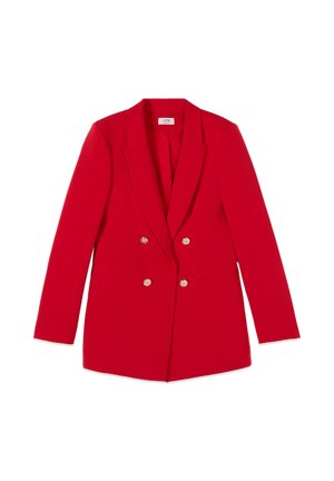 Czerwony dwurzędowy żakiet z złotymi guzikami, klapami z wycięciem i długimi rękawami, prezentowany na białym tle.