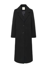 Black long wool coat with notched lapels, two buttons, side pockets, and a smooth inner lining.
