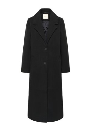 Manteau long noir en laine avec des revers décrochés, deux boutons, poches latérales et doublure intérieure lisse.