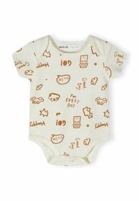 Kratki rukav bodysuit od krem pamuka s smešnim smešnim printovima u smešnim smešnim smešnim grafičkim elementima, uključujući oblike, tekst i zabavne elemente. Dugme na dnu.